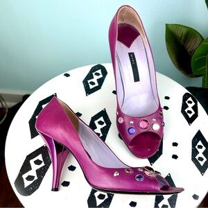 11 . Vintage 🌸 90s Marc Jacobs Magenta Rhinestone Open Toe Heels